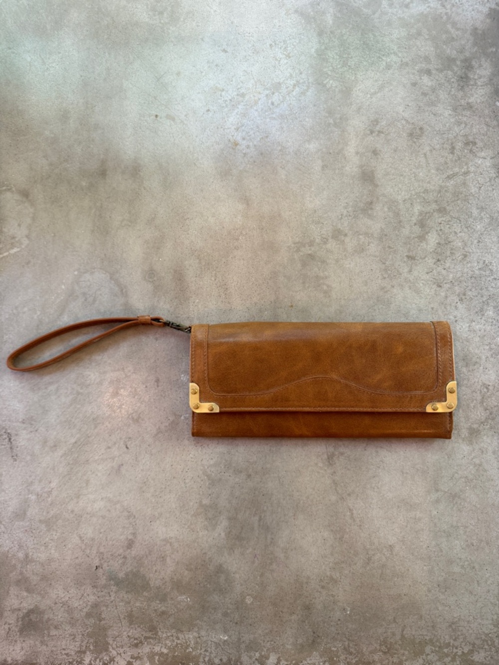 Tan Faux Leather Wristlet Clutch with Brass Corner Accents